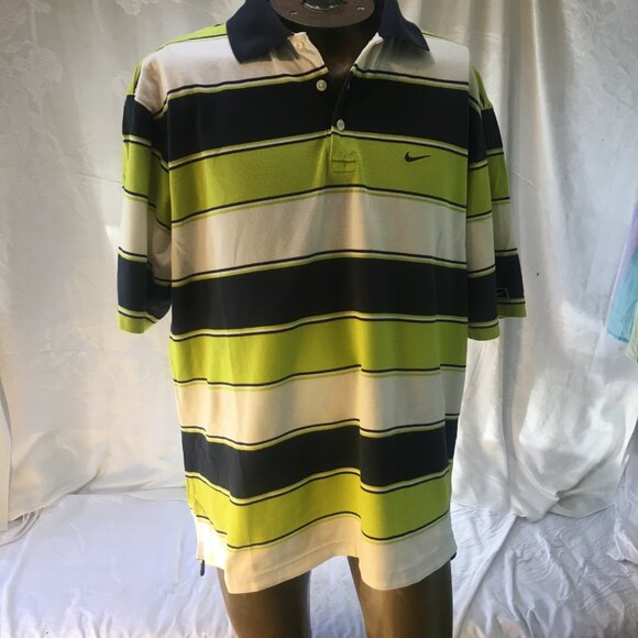 Nike Polo Shirt Men Sz L Short Sleeve Multicolor Striped 100% Cotton Blue Green - Picture 1 of 13